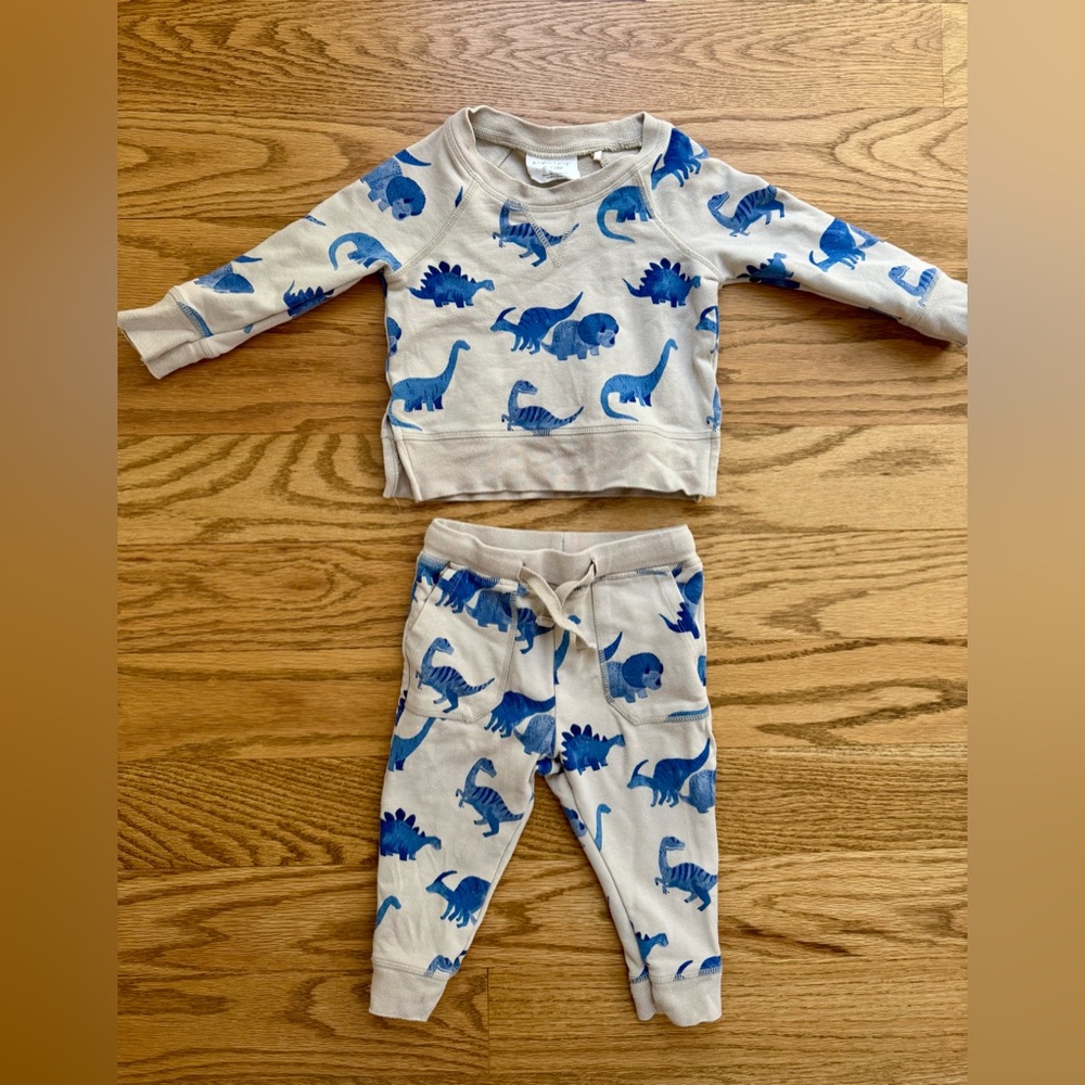 Angel Dear Tan and Blue Pajama Set with Playful Dinosaur Print